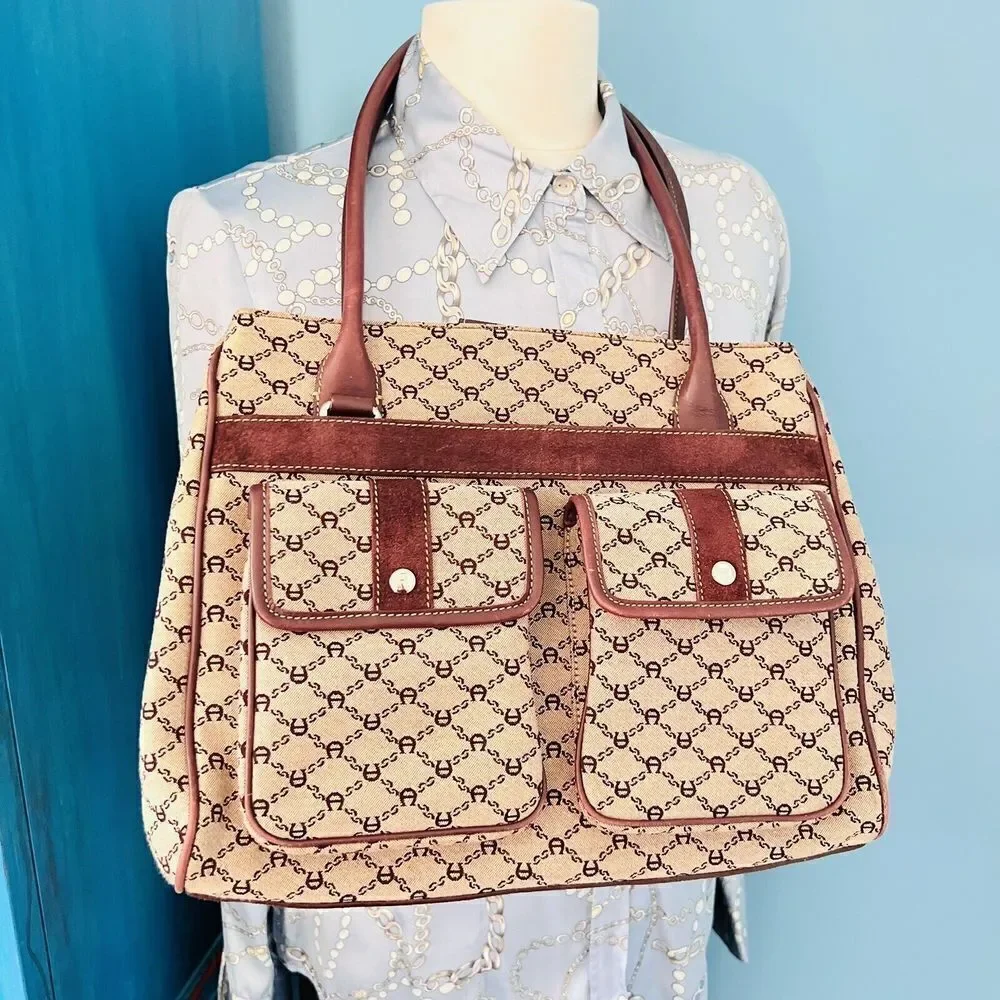 Vintage Etienne Aigner Logo Cotton Leather Travel Tote Bag Double Pocket Satchel